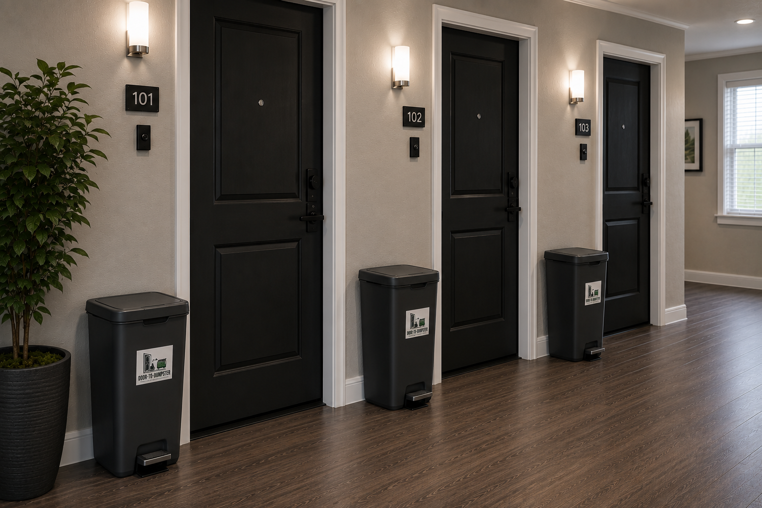 Door-To-Dumpster branded trash bins outside apartment doors 101, 102, 103 in hallway
